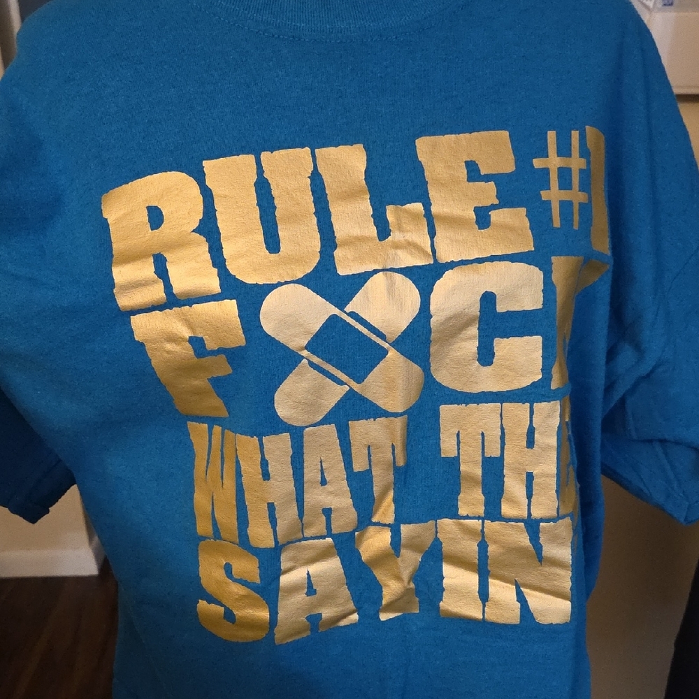 Gildan Blue Short Sleeve T-Shirt with Gold Graphic